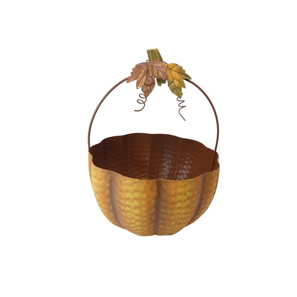 Other - Pumpkin Basket Home Decor Orange Excellent Metal Fall Harvest Leaf